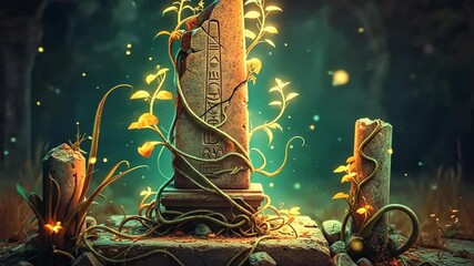 Mystical glowing scene with ancient pillar vines - Powered by Adobe