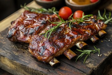 Delicious bbq pork ribs with rosemary and cherry tomatoes resting on rustic wooden board