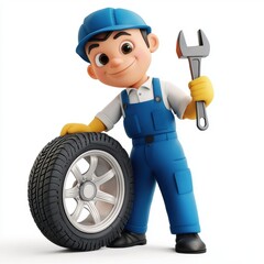 Fototapeta premium 3D icon cartoon mechanic holding a wrench and a car tire isolated on a white background 