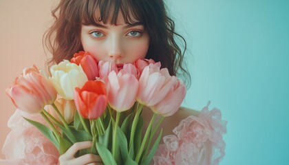 Fototapeta premium Young woman holds bouquet of colorful tulips against a pastel background in a soft lighting setting