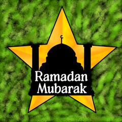 Ramadan background, star frame, mosque silhouette illustration, Hand lettering, calligraphy