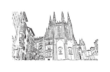 Fototapeta premium Print Building view with landmark of Burgos city in Spain. Hand drawn sketch illustration in vector.