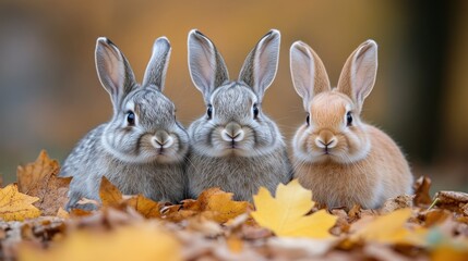 Obraz premium Three bunnies autumn leaves forest nature wildlife pet