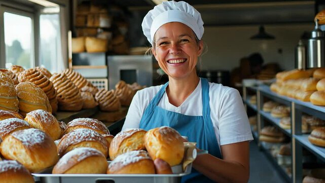 middle age Caucasian woman owner of local bakery shop smiling with various type of cake and bakery at shop	
