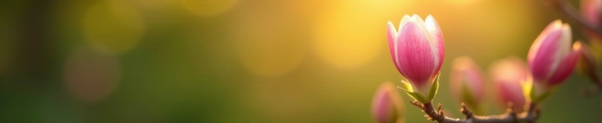 Fototapeta premium Early morning sunlight highlights the delicate pink petals of an almond flower in full bloom, bud, delicate, green