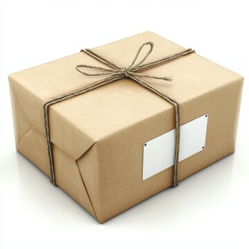 3D icon cartoon parcel tied with string and a shipping label, isolated on a white background