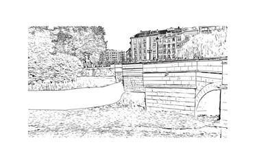 Print Building view with landmark of Burgos city in Spain. Hand drawn sketch illustration in vector.