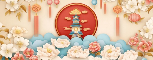 Festive Asian Pagoda Scene with Flowers and Lanterns.
