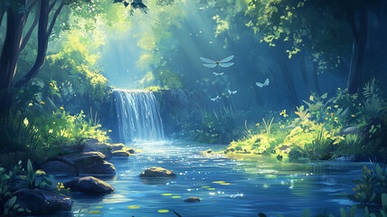 Obraz premium Peaceful Forest Waterfall Scene with Sunlight Streaming Through Trees