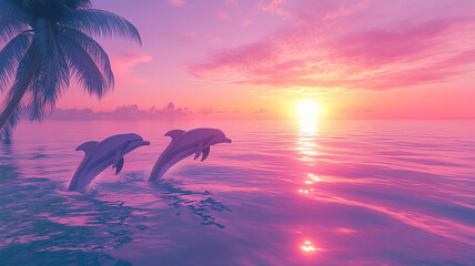 Two Dolphins Leaping at Sunset Over a Tropical Ocean