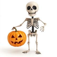 3D icon cartoon skeleton standing with a pumpkin, isolated on a white background -
