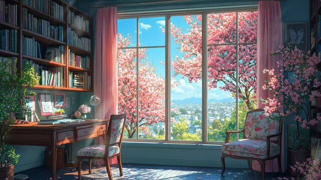 Bright study room with cherry blossoms view through large window seamless looping 4k time-lapse animation video background