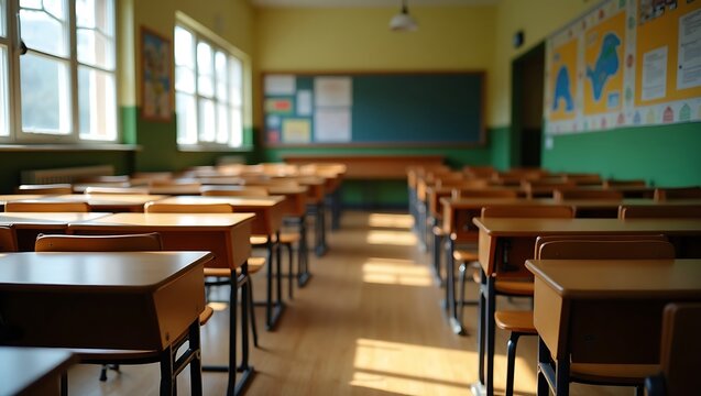 A serene, vintage classroom with rows of wooden desks and a chalkboard