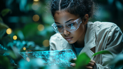 Young Indian scientist analyzing a glowing holographic screen surrounded by lush green plants, combining technology and nature in a futuristic, innovative setting