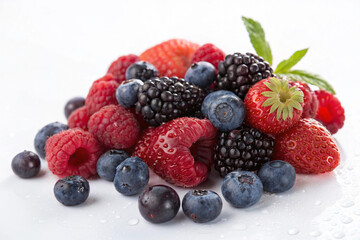 Fresh mixed berries, blueberries, mixed berries, raspberries, strawberries on a white background