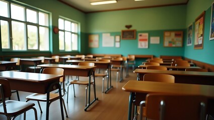 A serene, vintage classroom with rows of wooden desks and a chalkboard