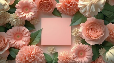 Colorful floral arrangement surrounding a blank pink note for creative uses