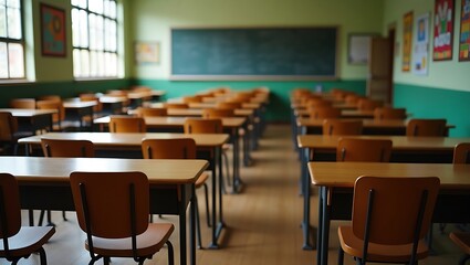 A serene, vintage classroom with rows of wooden desks and a chalkboard