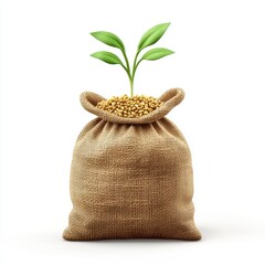 3D icon cartoon sack of grain with a sprouting plant, isolated on a white background --quality 2