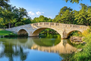 Obraz premium Stone arch bridge reflecting in calm river at zilker park