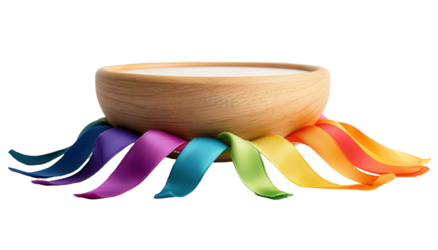 Colorful ribbon bowl display studio product minimalist close-up transparent background