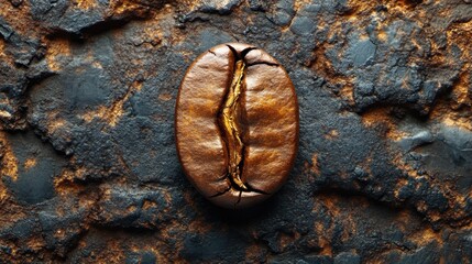 Naklejka premium Close-up of a cracked coffee bean resting on a textured surface, highlighting its rich color and detail