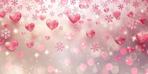 Soft pink and red hearts gently falling on a transparent background with a subtle snowflake pattern, creating a romantic and whimsical atmosphere , pastel, heart