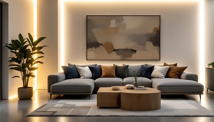 Modern Living Room Sectional Sofa Warm Lighting Abstract Art