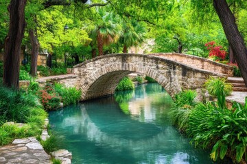Stone arch bridge crossing the san antonio river walk in texas
