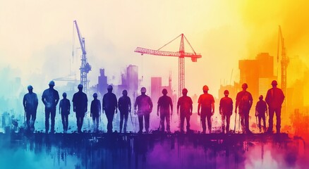 Workers standing confidently against a vibrant skyline at construction site during sunset