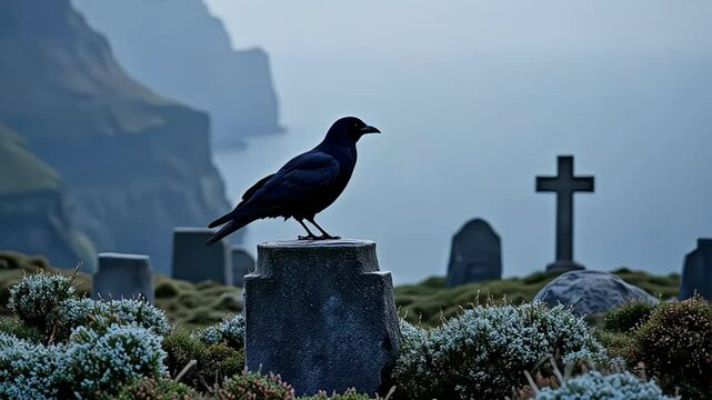 dark and mysterious black crow on gravestone, halloween and spooky scenes, the essence of death, mystery, and the supernatural
