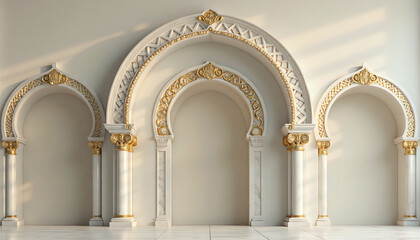 A group of white and gold arches in a room.