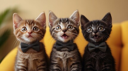Three kittens, bow ties, yellow couch, indoor, surprised