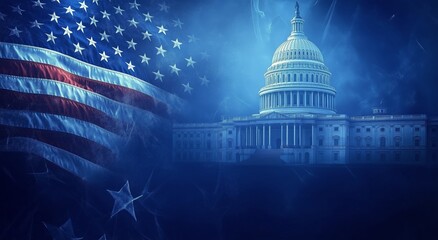 Capitol building illuminated at night with American flag backdrop featuring blue tones