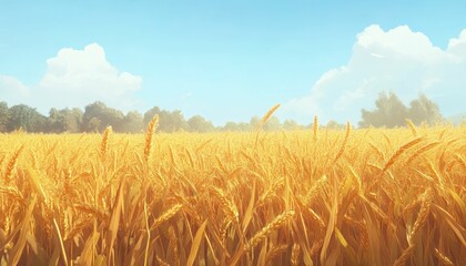 Fototapeta premium Golden Wheat Field Under a Clear Blue Sky on a Sunny Day with Clouds