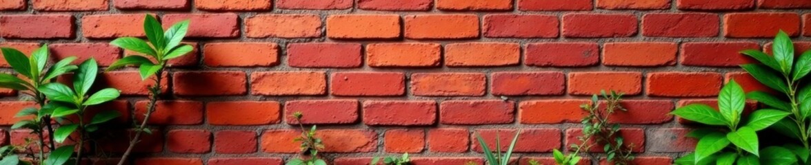 Obraz premium Earthy red brick wall with sprouting greenery, branch, earthy tones, vegetation