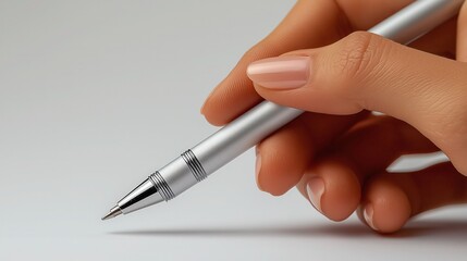 Hand holding stylus pen in writing position, isolated on white background