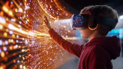 Young Boy Exploring a Vibrant Virtual Reality World A Futuristic Digital Experience