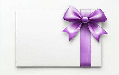 A premium white voucher with a bright lavender ribbon and bow on the top right corner, with room for text or branding, isolated on a bright white background