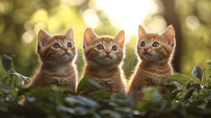 Three ginger kittens outdoors, sunlight, curious, greenery, spring