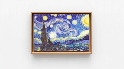 Framed reproduction of a famous starry night painting.