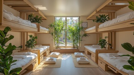 Fototapeta premium Serene Minimalist Dormitory Room With Wooden Bunk Beds