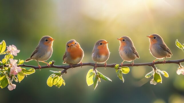 Cheerful little birds perch on a branch in a sunny spring park, chirping joyfully amidst the blooming trees.