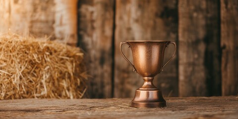 Rustic Bronze Trophy on Wooden Table with Straw Bale Background