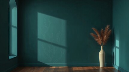 Sunlight casting shadows in modern room with pampas grass in vase