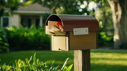 Rustic mailbox with an open lid revealing letters nestled inside, set against a lush green garden backdrop