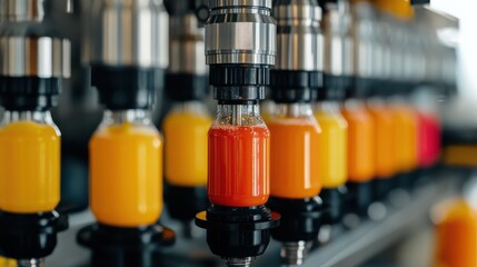 Close-up of a beverage bottling line showcasing vibrant orange and yellow juices being filled