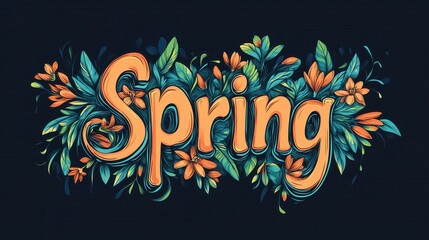 Obraz premium Elegant Spring lettering with flowing, floral-inspired typography, accented by delicate leaves and blossoms for a fresh and natural logo. 