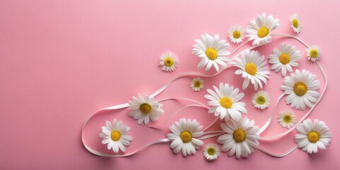 Daisies and a Delicate White Ribbon Arranged on a Soft Pink Background