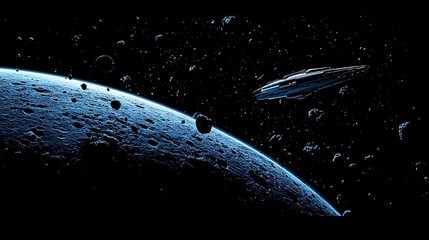 Obraz premium A dark blue planet with small rocks floating around space ship